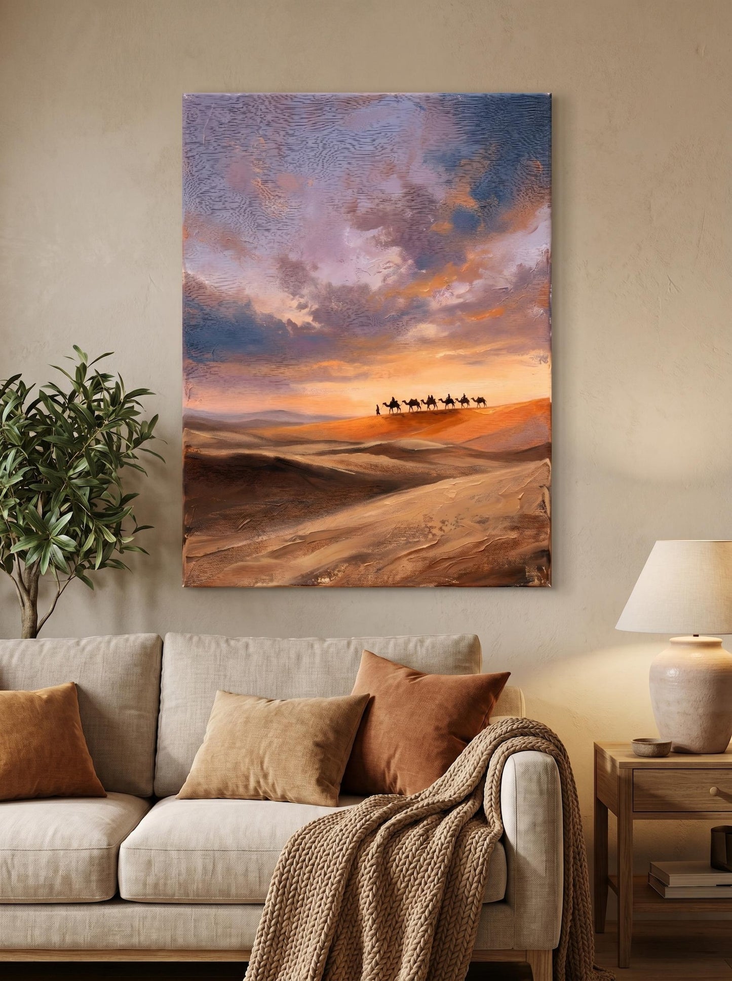 Camel Caravan Desert Sunset Landscape Wall Art Canvas