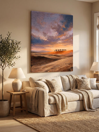 Camel Caravan Desert Sunset Landscape Wall Art Canvas