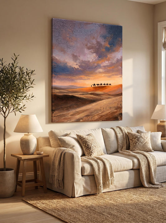 Camel Caravan Desert Sunset Landscape Wall Art Canvas