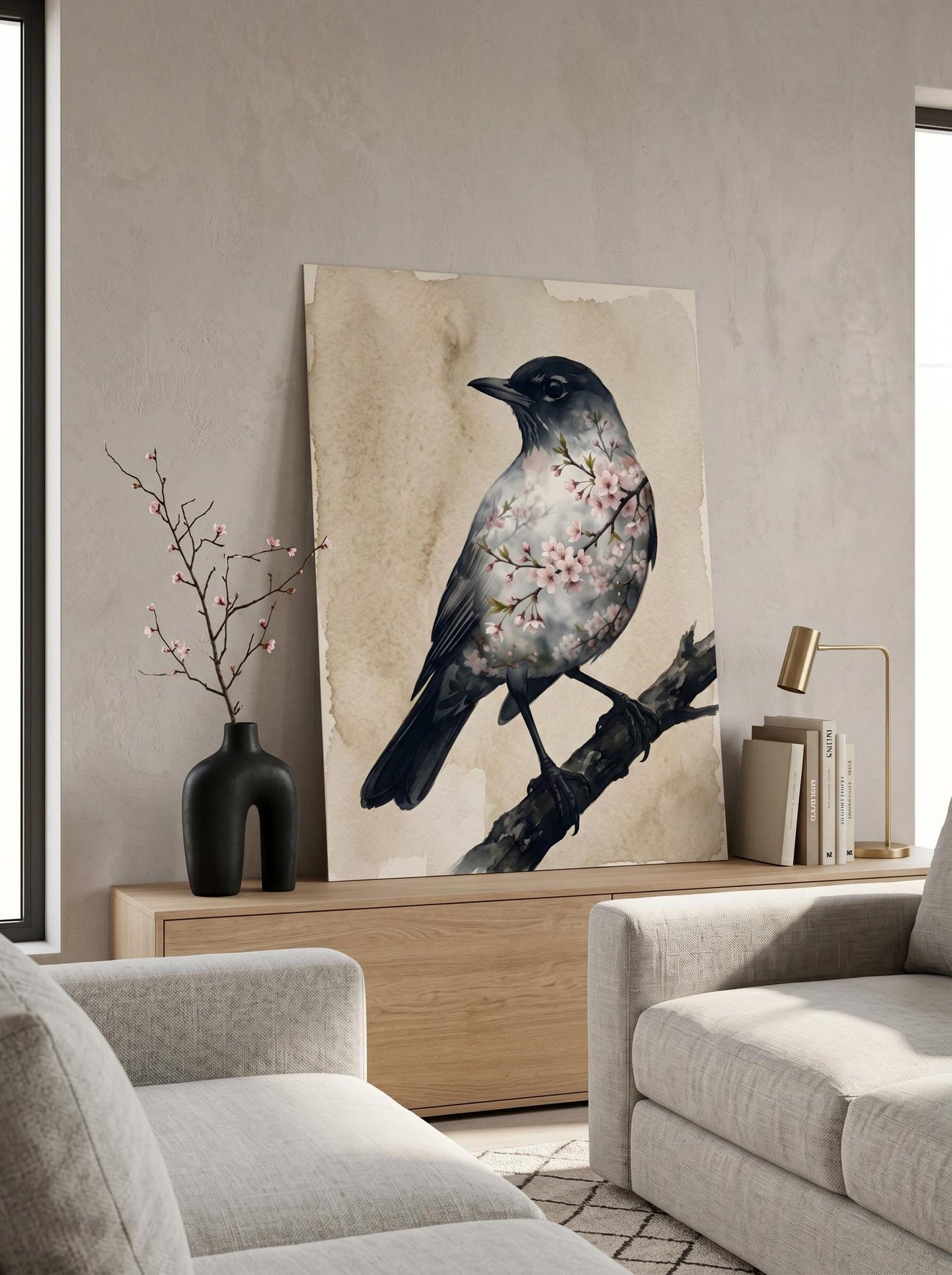 Cherry Blossom Bird Japandi Wall Art Canvas