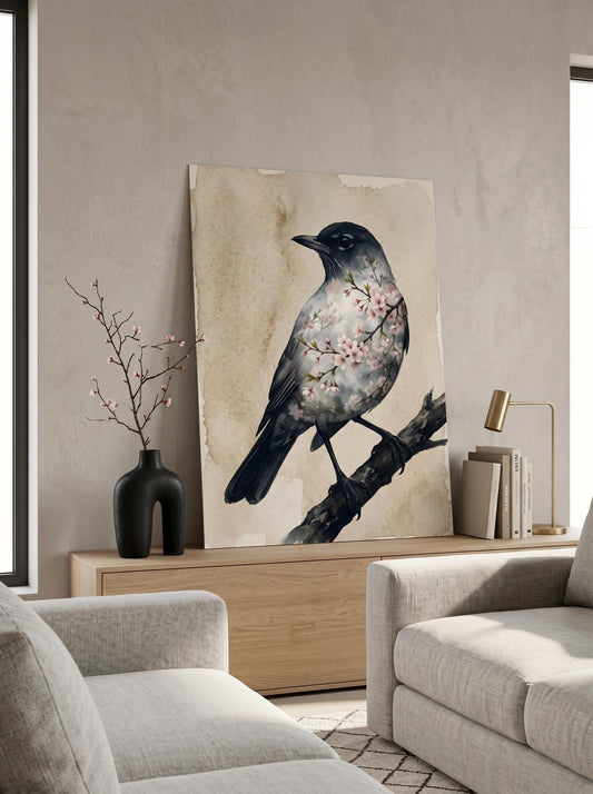 Cherry Blossom Bird Japandi Wall Art Canvas