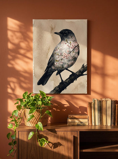 Cherry Blossom Bird Japandi Wall Art Canvas