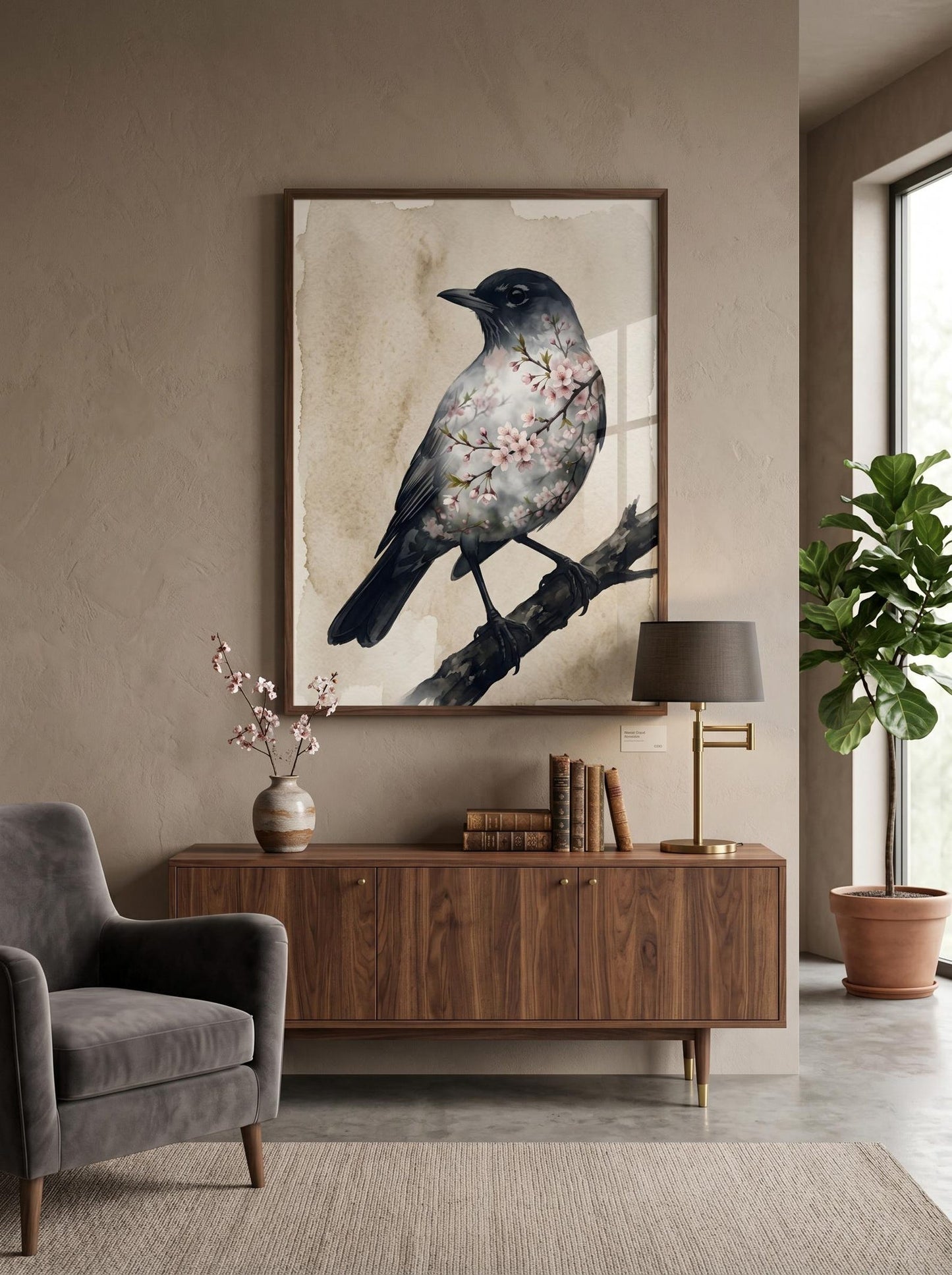 Cherry Blossom Bird Japandi Wall Art Canvas