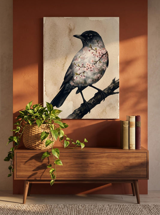 Cherry Blossom Bird Japandi Wall Art Canvas