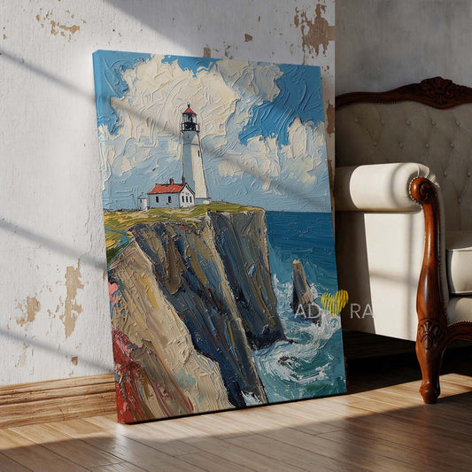 Coastal Lighthouse on Ocean Cliff Oil Paint Style Wall Art Canvas