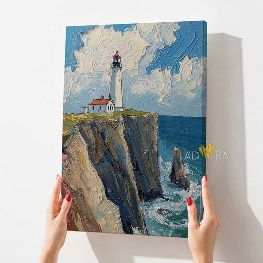 Coastal Lighthouse on Ocean Cliff Oil Paint Style Wall Art Canvas