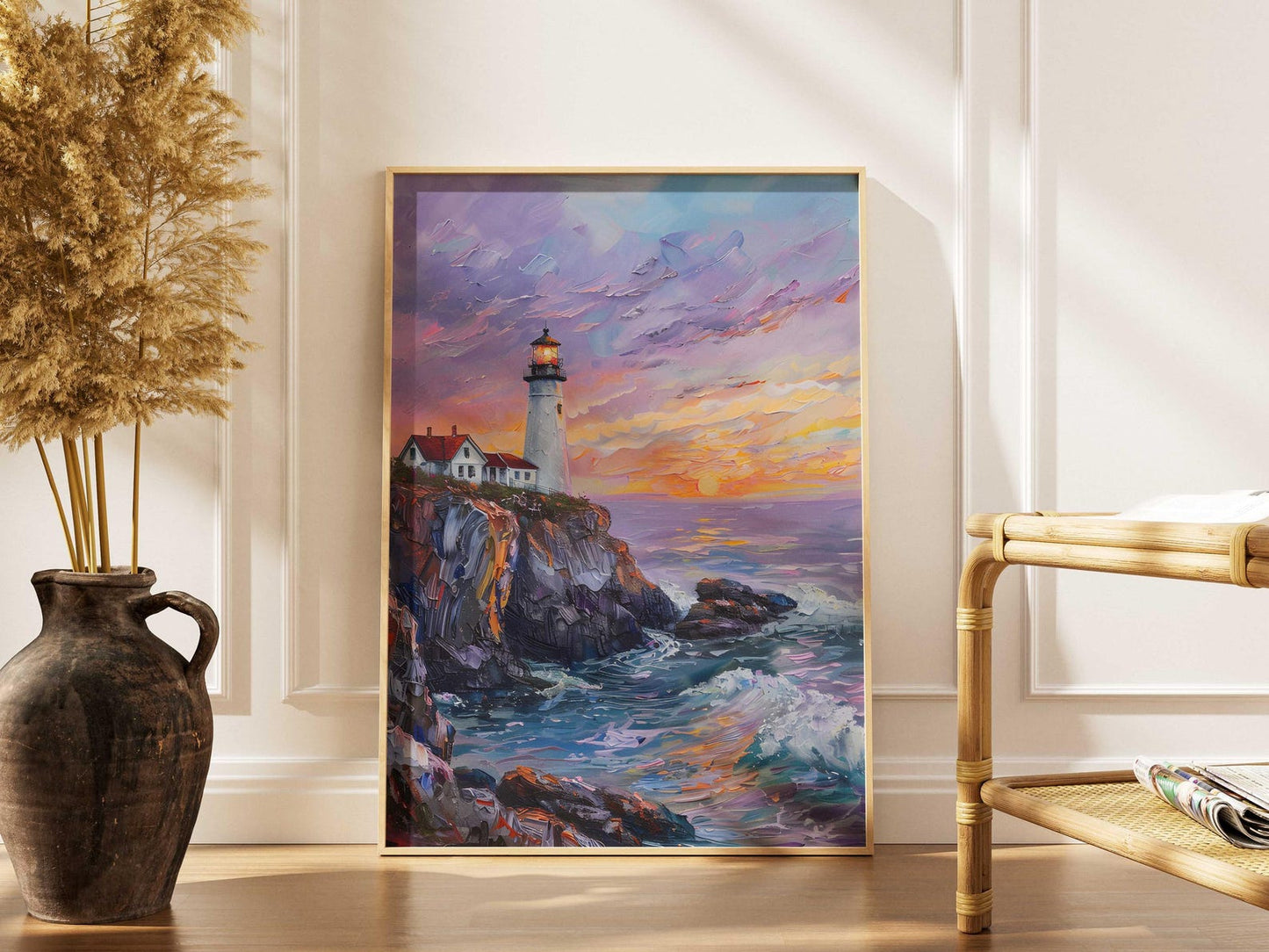 Coastal Sunset Lighthouse Ocean Wall Art Canvas