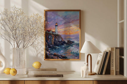 Coastal Sunset Lighthouse Ocean Wall Art Canvas