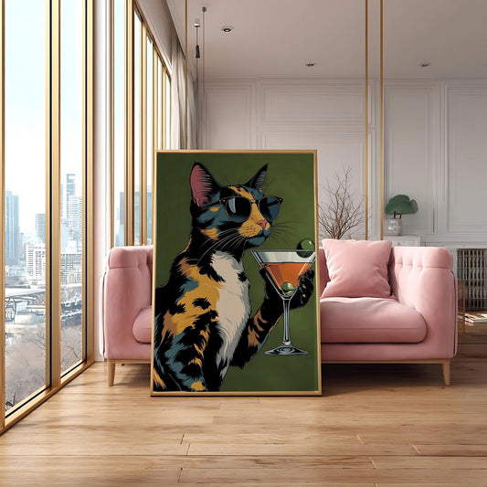 Cool Cat with Sunglasses Cocktail Martini Wall Art Canvas
