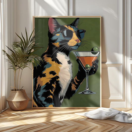 Cool Cat with Sunglasses Cocktail Martini Wall Art Canvas
