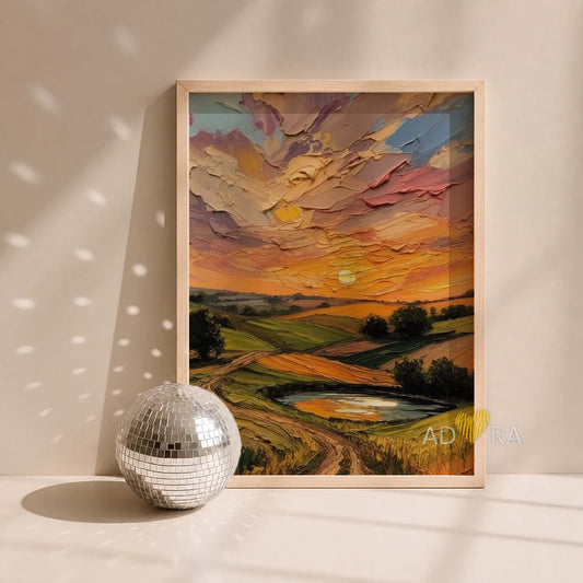 Country Pond and Winding Road at Sunset Oil Paint Style Wall Art Canvas