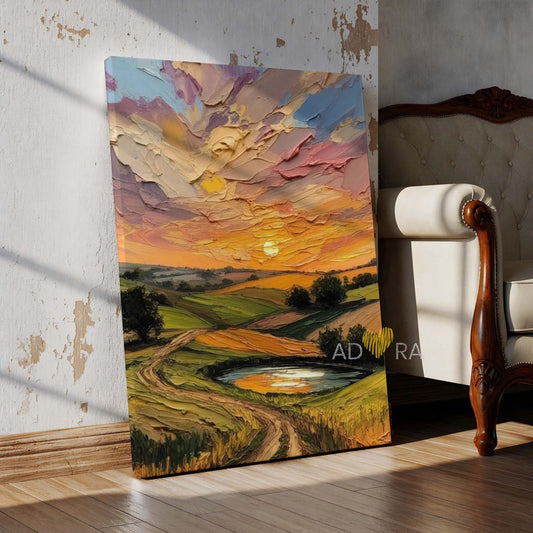 Country Pond and Winding Road at Sunset Oil Paint Style Wall Art Canvas