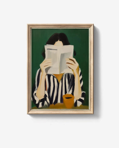 Cozy Abstract Reader Stripe Shirt and Coffee Mug Wall Art Canvas