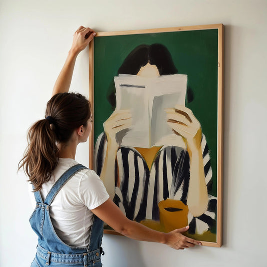 Cozy Abstract Reader Stripe Shirt and Coffee Mug Wall Art Canvas