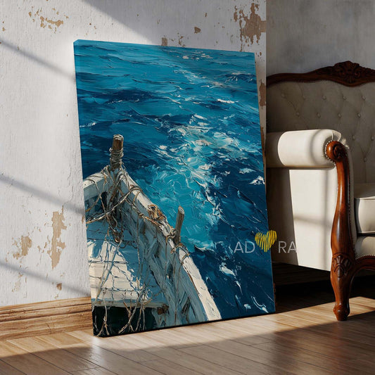 Deep Blue Coastal Seascape Wooden Boat Oil Paint Style Wall Art Canvas