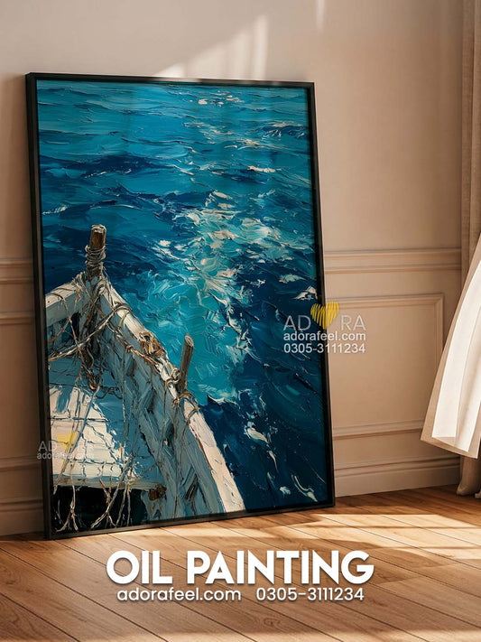 Deep Blue Coastal Seascape Wooden Boat Oil Paint Style Wall Art Canvas