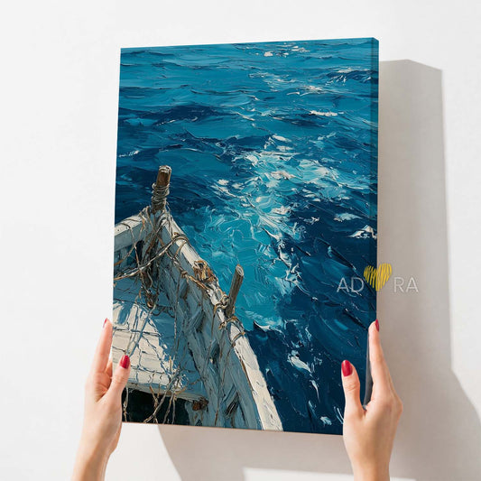 Deep Blue Coastal Seascape Wooden Boat Oil Paint Style Wall Art Canvas