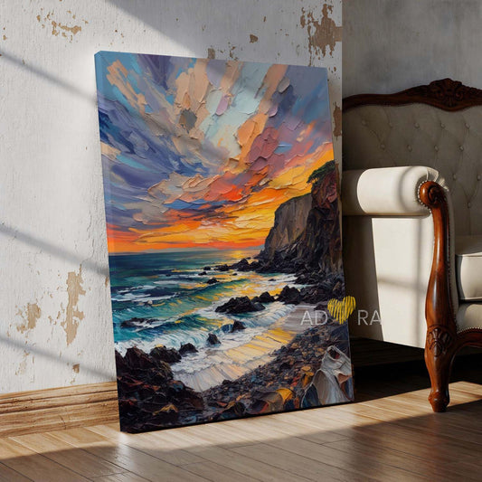 Dramatic Ocean Sunset over Rocky Coast Oil Paint Style Wall Art Canvas