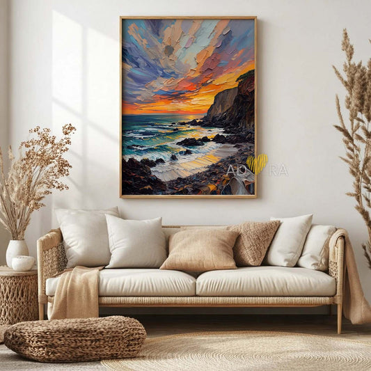 Dramatic Ocean Sunset over Rocky Coast Oil Paint Style Wall Art Canvas