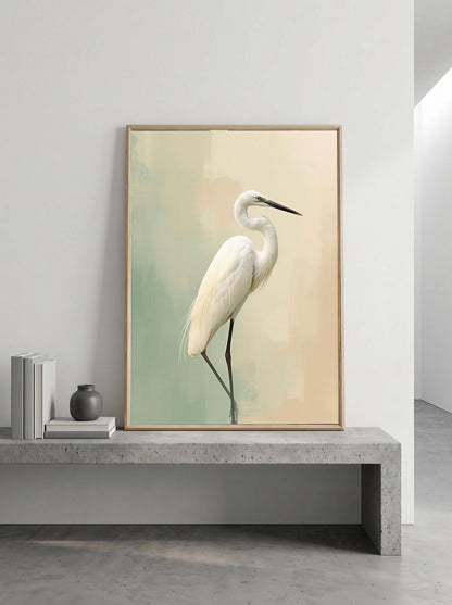 Egret Heron Bird Minimalist Sage Green Wall Art Canvas