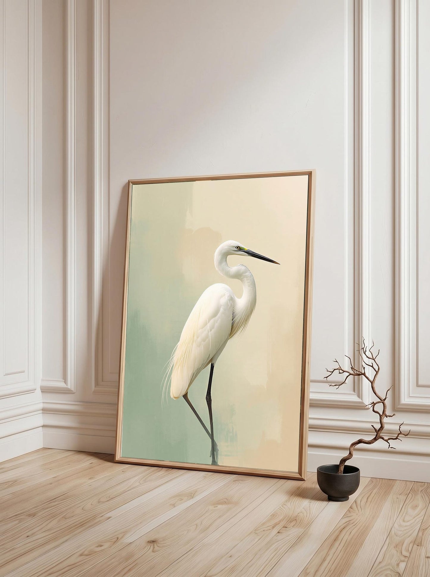 Egret Heron Bird Minimalist Sage Green Wall Art Canvas
