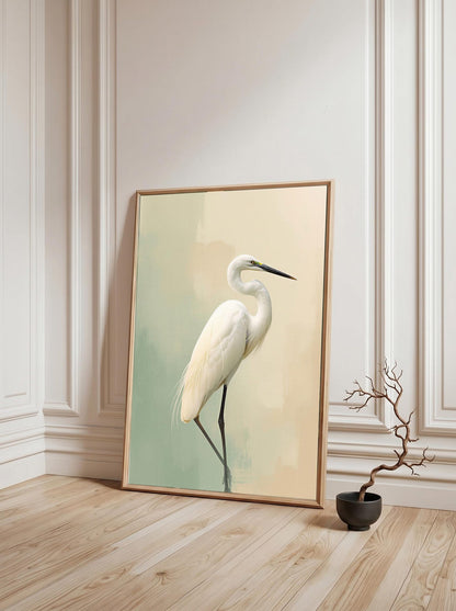 Egret Heron Bird Minimalist Sage Green Wall Art Canvas