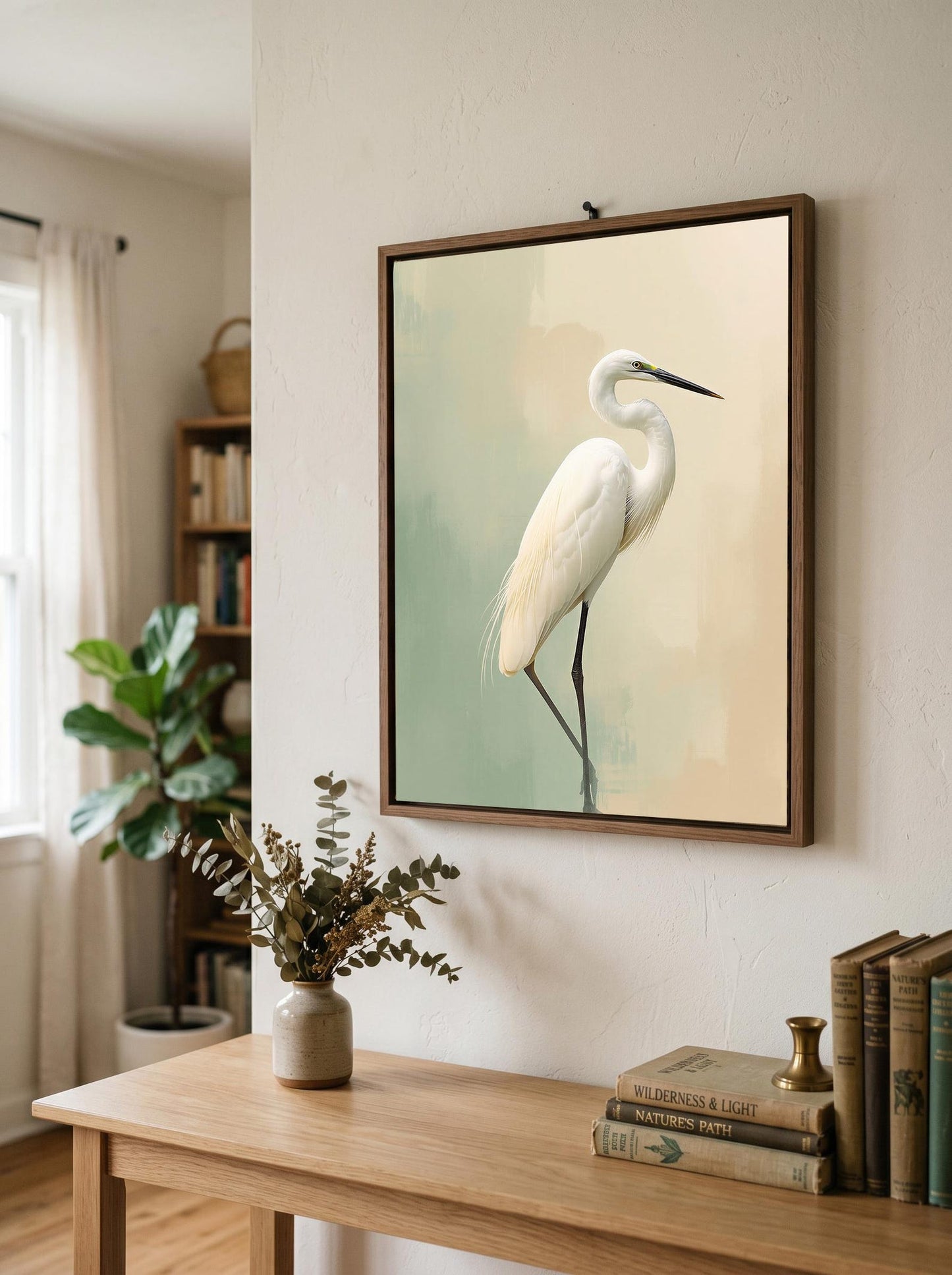 Egret Heron Bird Minimalist Sage Green Wall Art Canvas