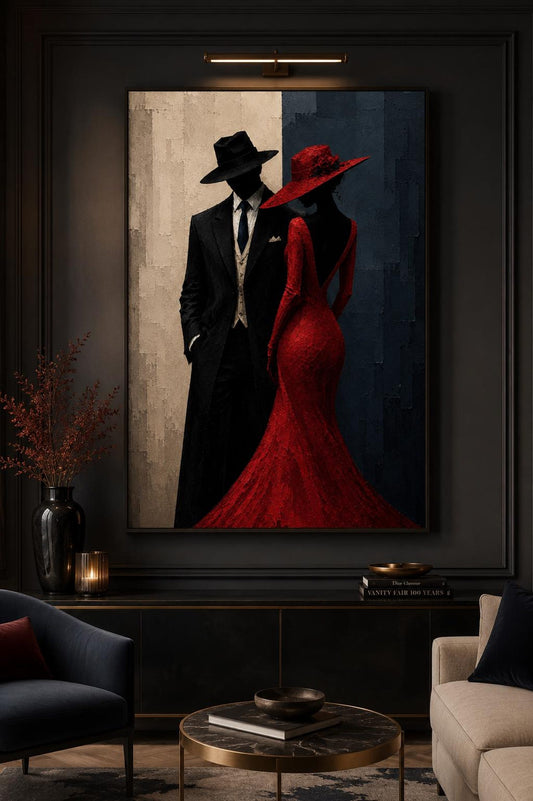 Elegant Modern Noir Red Dress Couple Wall Art Canvas