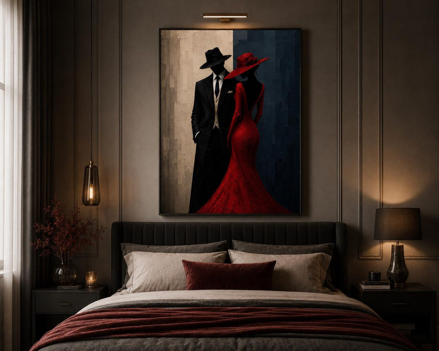 Elegant Modern Noir Red Dress Couple Wall Art Canvas