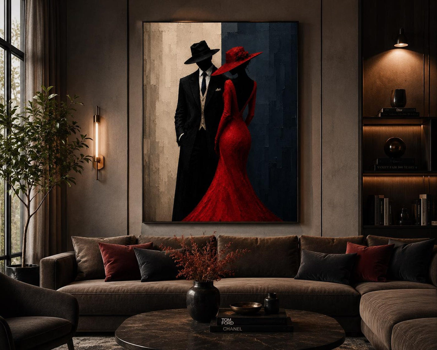 Elegant Modern Noir Red Dress Couple Wall Art Canvas