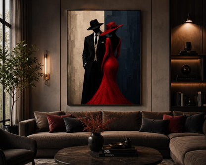 Elegant Modern Noir Red Dress Couple Wall Art Canvas