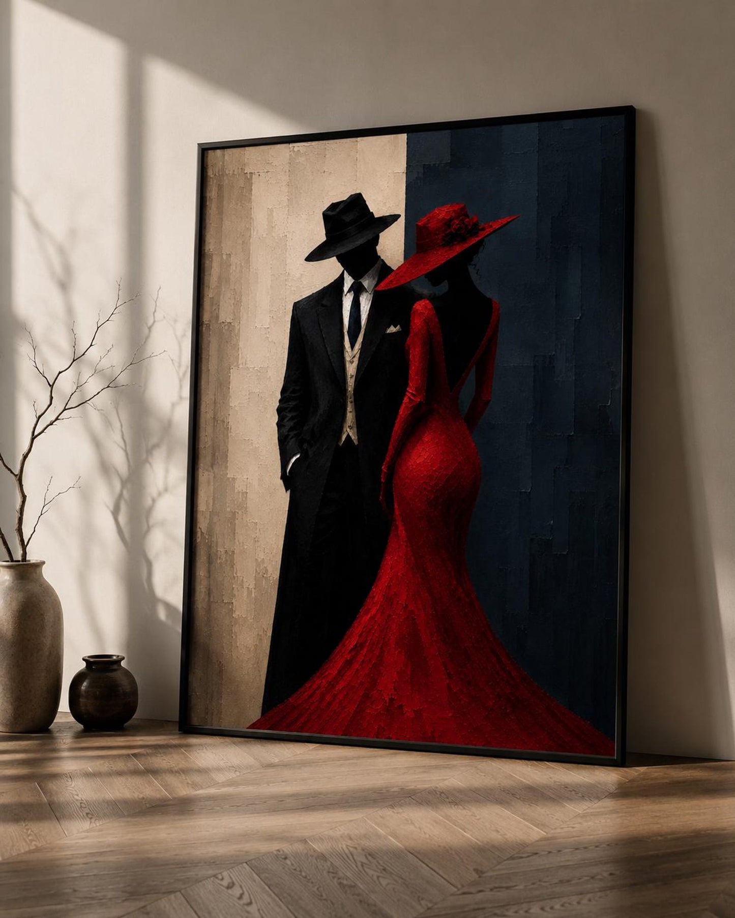 Elegant Modern Noir Red Dress Couple Wall Art Canvas