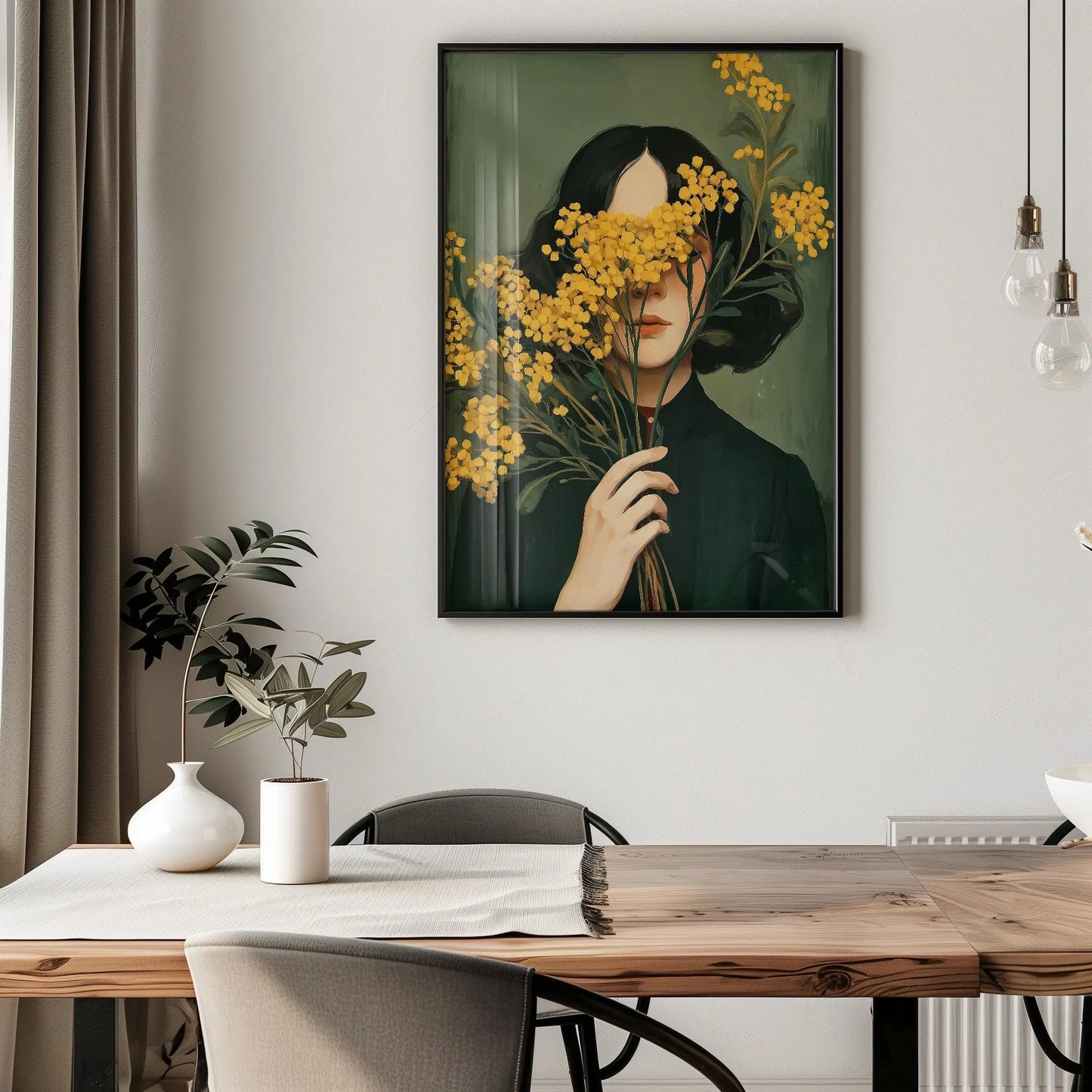 Emerald Green Woman with Mimosa Flowers Wall Art Canvas