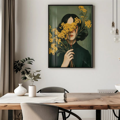 Emerald Green Woman with Mimosa Flowers Wall Art Canvas