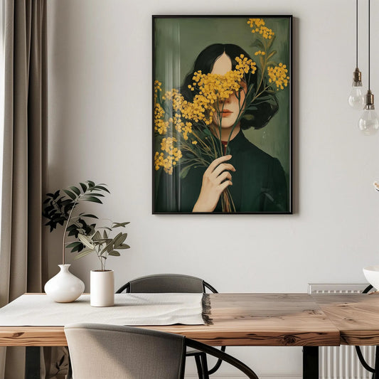 Emerald Green Woman with Mimosa Flowers Wall Art Canvas