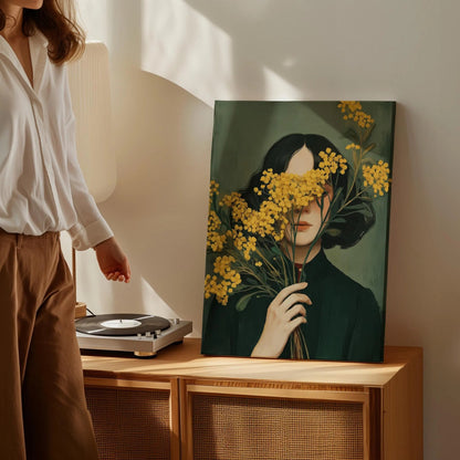 Emerald Green Woman with Mimosa Flowers Wall Art Canvas
