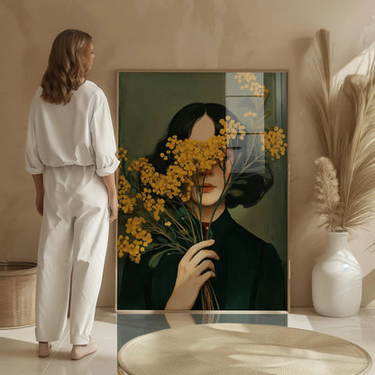 Emerald Green Woman with Mimosa Flowers Wall Art Canvas