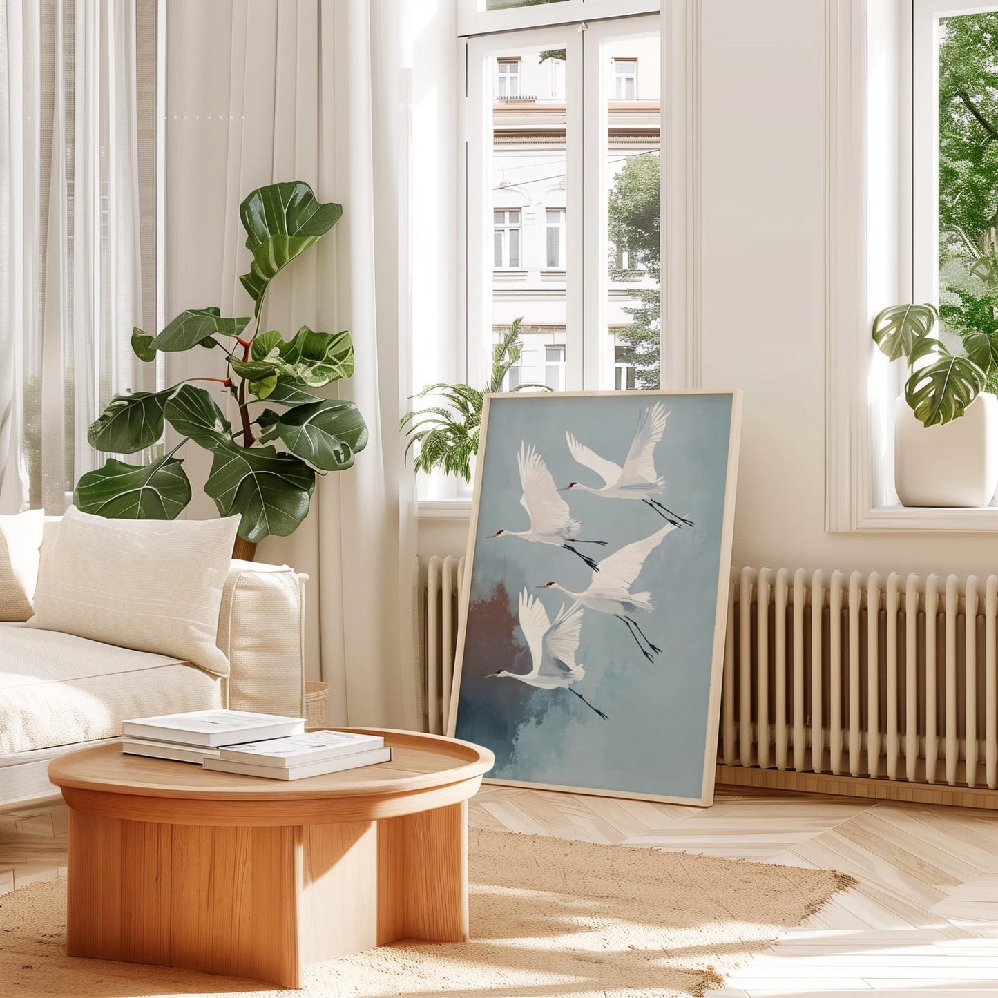 Flying White Bird Cranes Japandi Style Wall Art Canvas