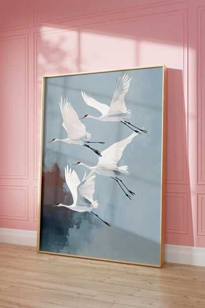 Flying White Bird Cranes Japandi Style Wall Art Canvas