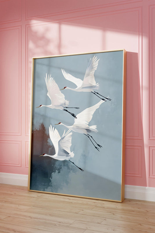 Flying White Bird Cranes Japandi Style Wall Art Canvas