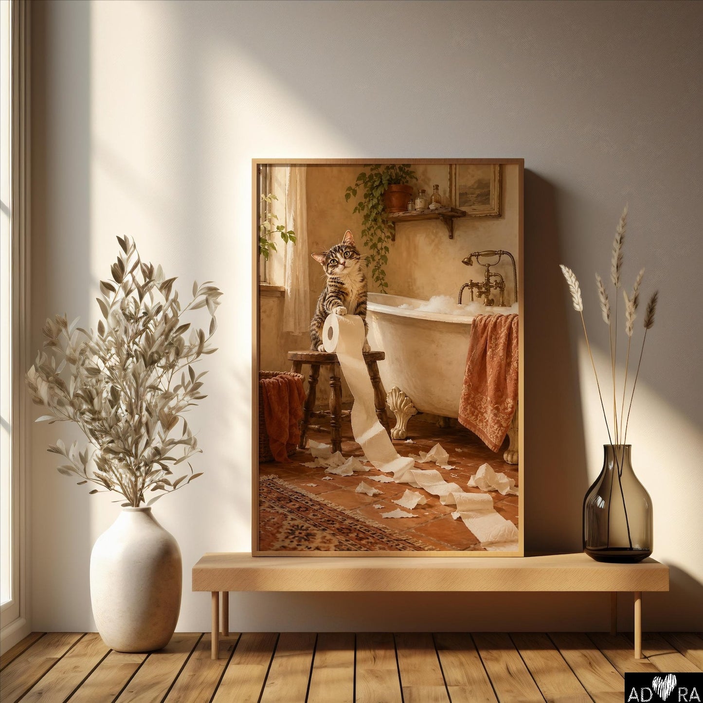 Funny Cat Toilet Paper Bathroom Vinatge Wall Art Canvas