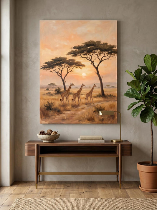 Giraffe African Savanna Golden Sunset Wildlife Wall Art Canvas