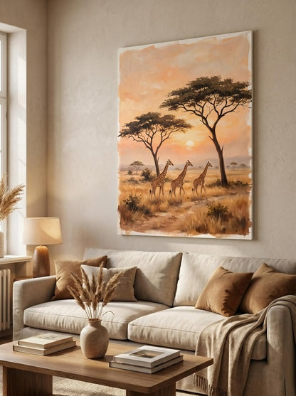 Giraffe African Savanna Golden Sunset Wildlife Wall Art Canvas