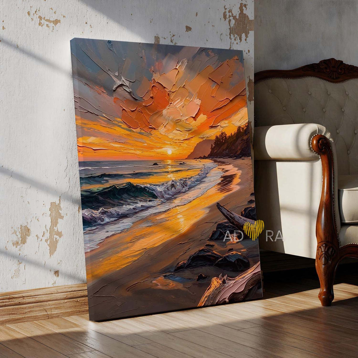 Golden Beach Sunset over Ocean Waves Oil Paint Style Wall Art Canvas