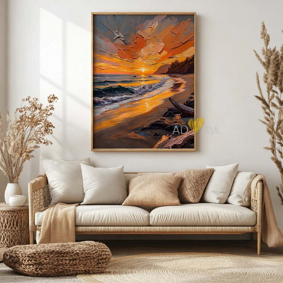 Golden Beach Sunset over Ocean Waves Oil Paint Style Wall Art Canvas