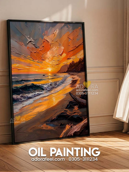 Golden Beach Sunset over Ocean Waves Oil Paint Style Wall Art Canvas