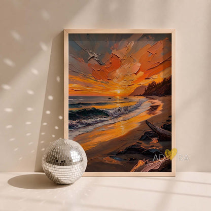 Golden Beach Sunset over Ocean Waves Oil Paint Style Wall Art Canvas