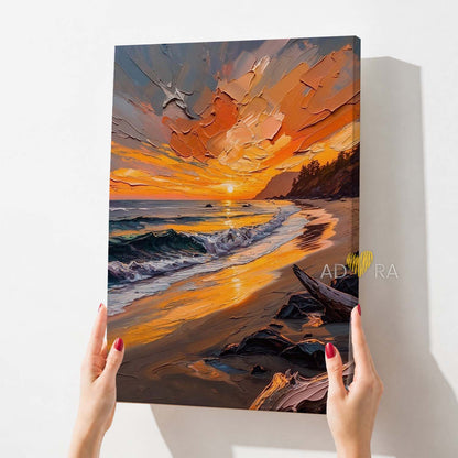 Golden Beach Sunset over Ocean Waves Oil Paint Style Wall Art Canvas