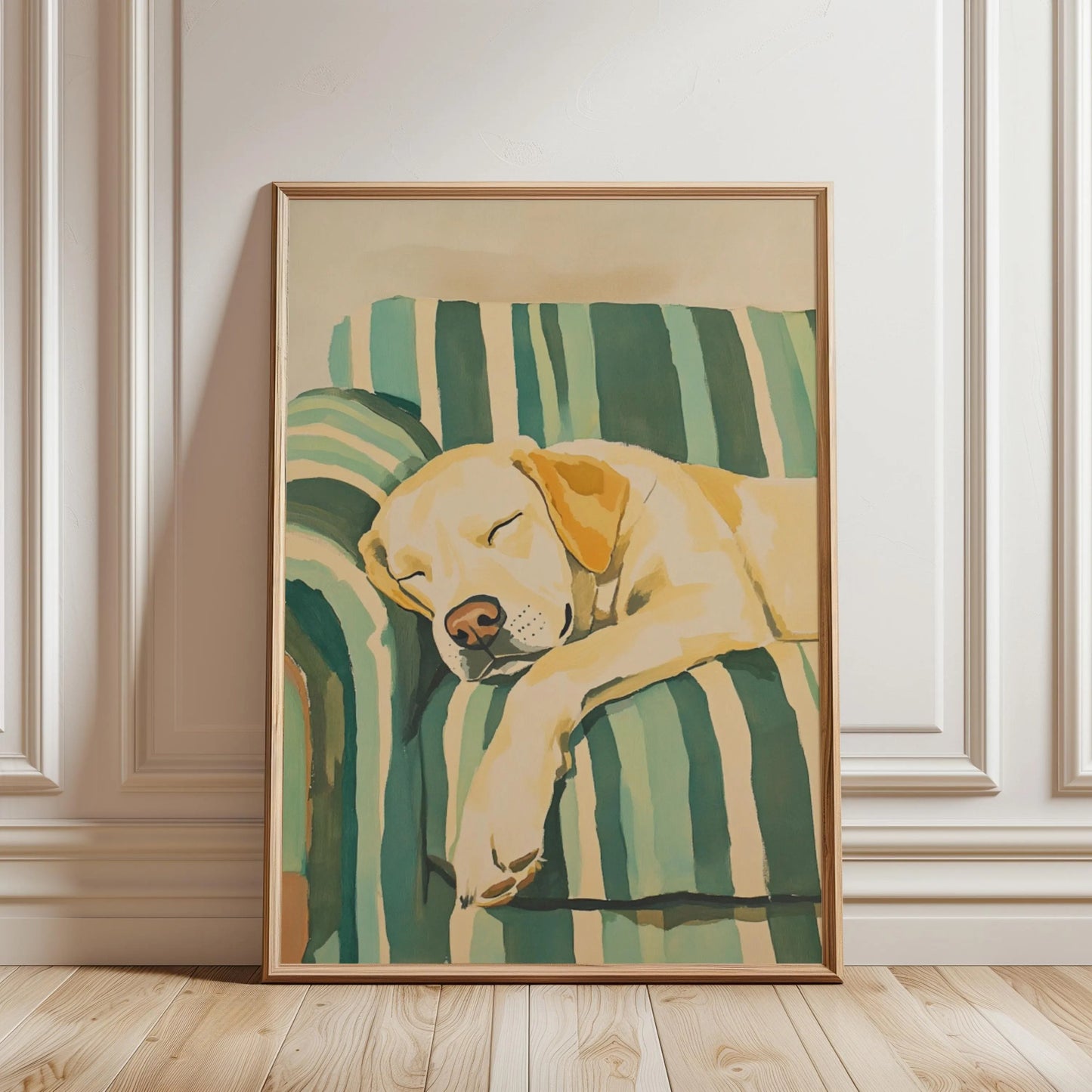 Golden Retriever Sleeping On Green Couch Wall Art Canvas