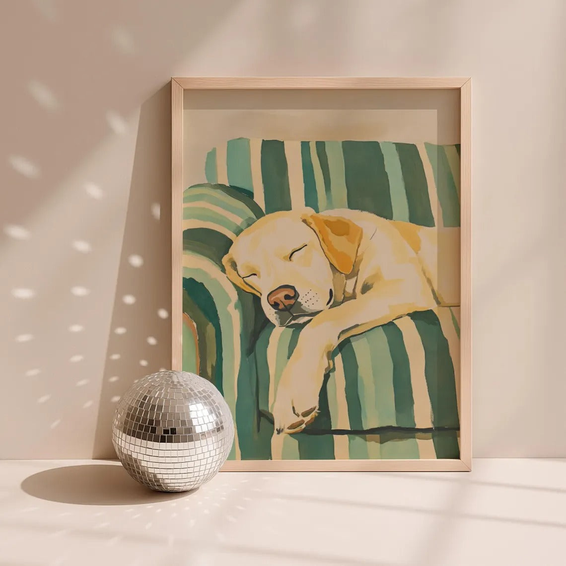 Golden Retriever Sleeping On Green Couch Wall Art Canvas